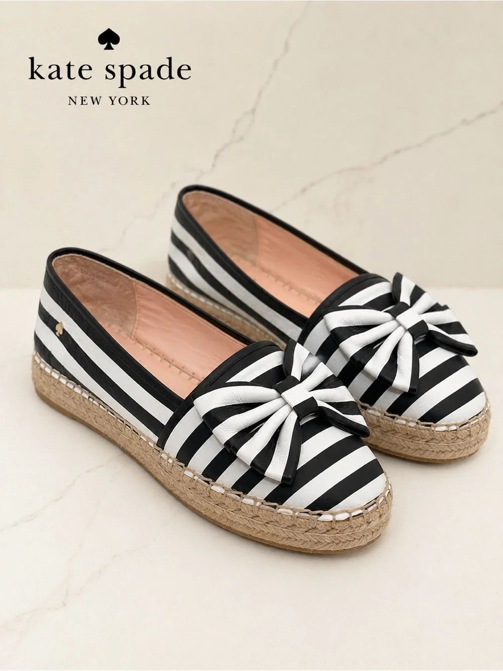 Kate Spade New York Black & White Striped Bow Espadrille Flats Size 7.5